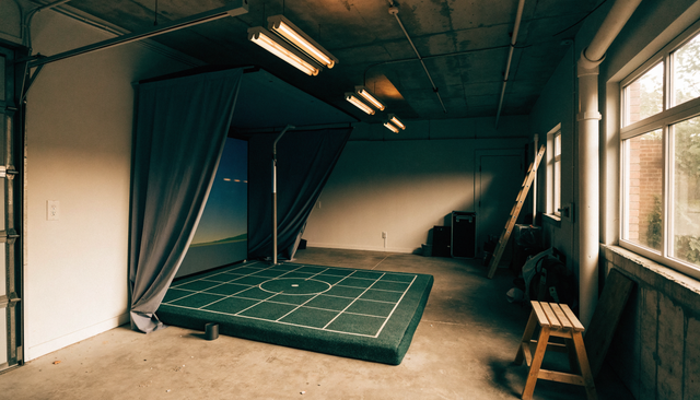Two-car garage converted into a golf simulator bay with impact screen and side netting