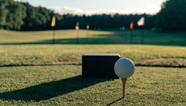 Outdoor grass driving range at golden hour with a golf ball teed up in the foreground
