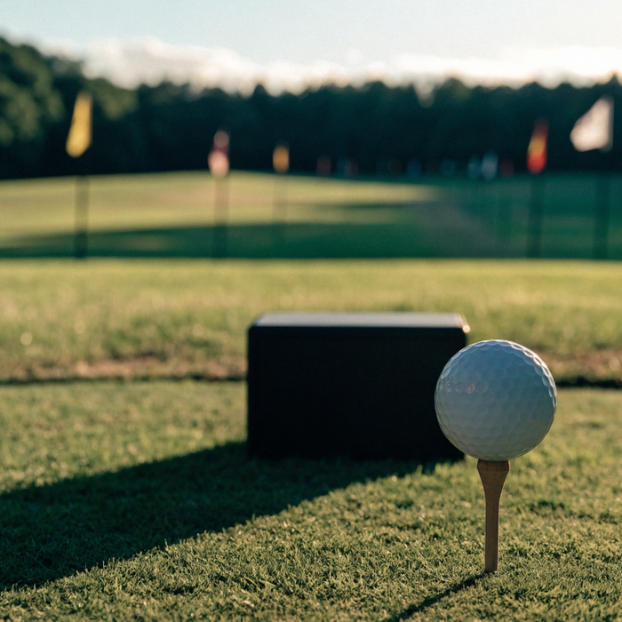 Outdoor grass driving range at golden hour with a golf ball teed up in the foreground