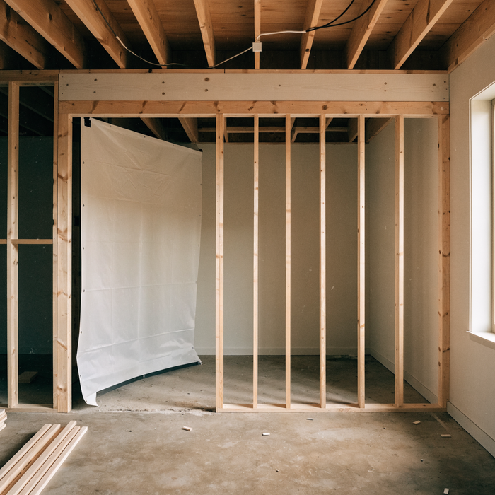 Golf simulator bay part way through construction, framing exposed on one side