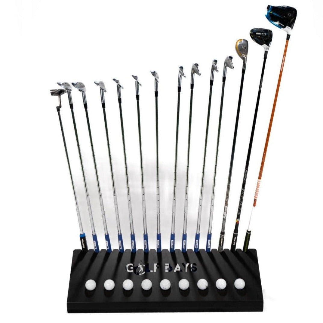 GolfBays Club Display Rack — Holds 14 Clubs & 9 Balls
