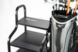 Golf bag with golf clubs and a step stool on a white background