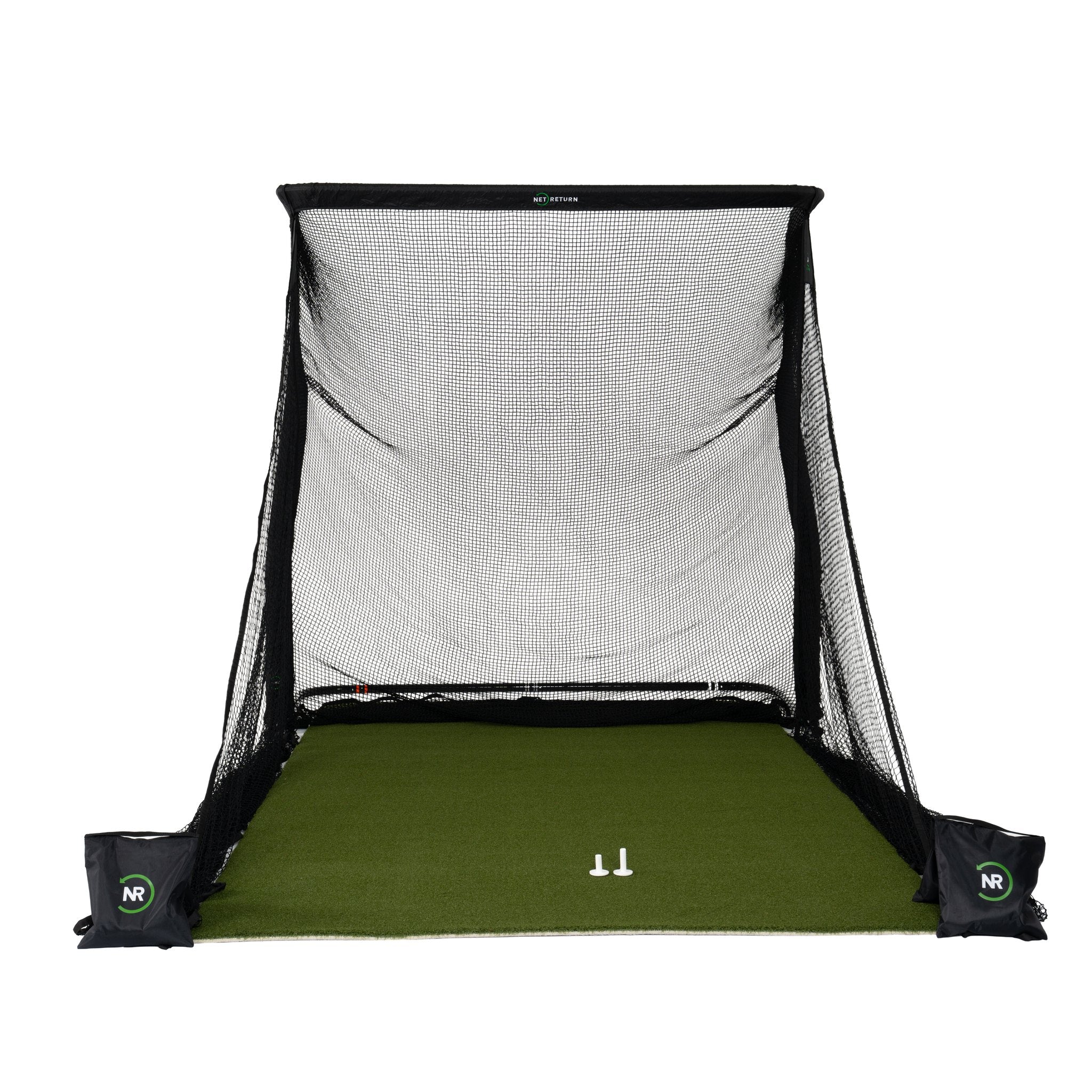Golf practice net with green mat on a white background