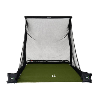 Golf practice net with green mat on a white background