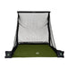 Golf practice net with green mat on a white background