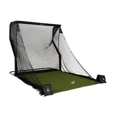 Golf practice net with green mat on a white background