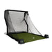 Golf practice net with green mat on a white background