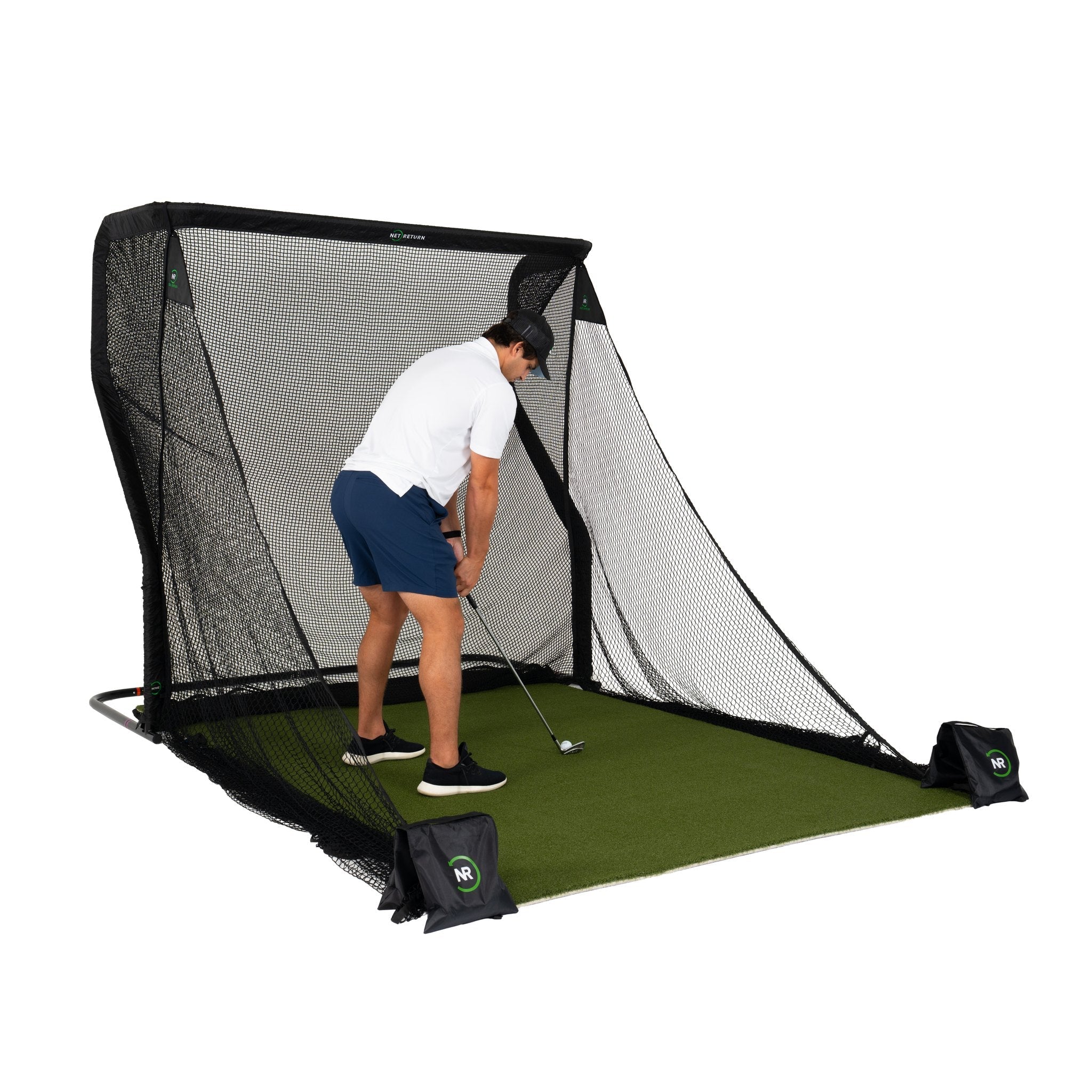 Person using a golf practice net on a white background