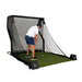 Person using a golf practice net on a white background