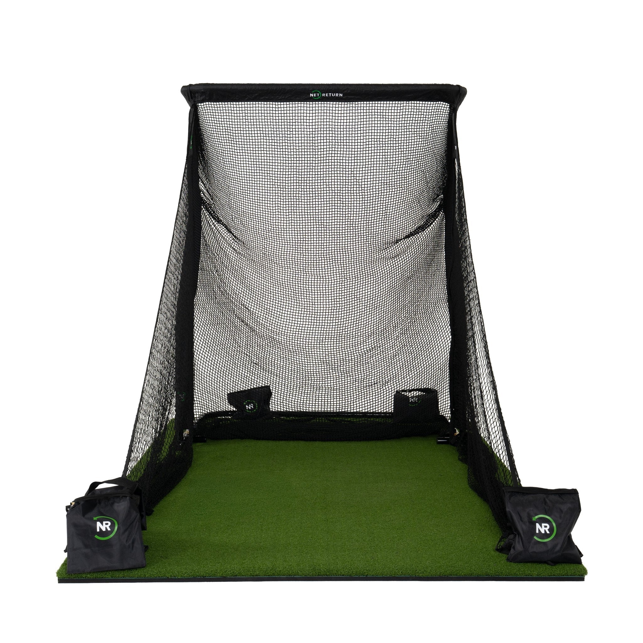 Golf practice net with green mat on a white background