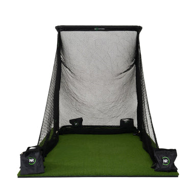 Golf practice net with green mat on a white background