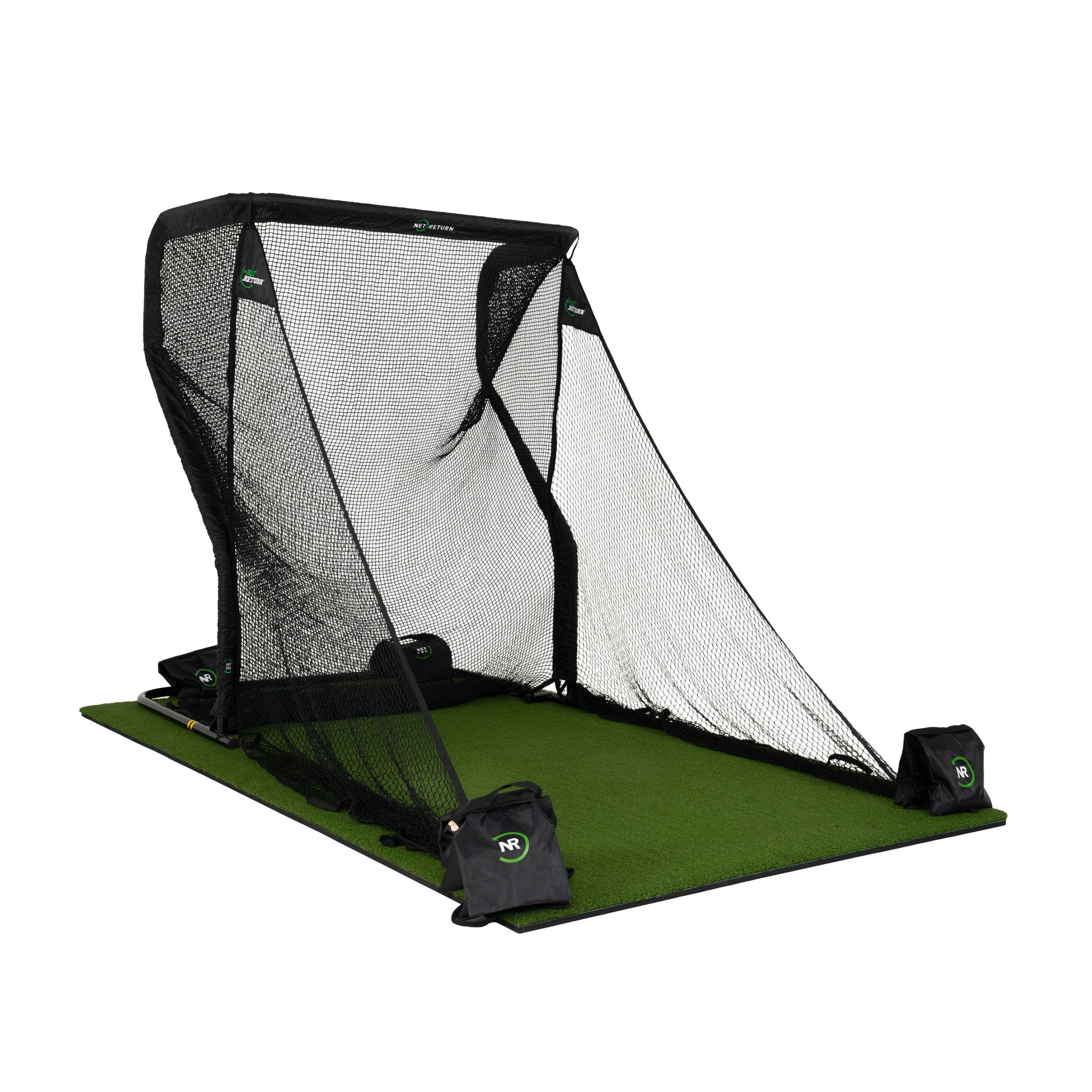 Golf practice net with green mat on a white background