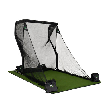 Golf practice net with green mat on a white background