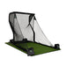 Golf practice net with green mat on a white background