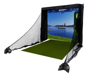 Golf practice net with screen displaying a golf course