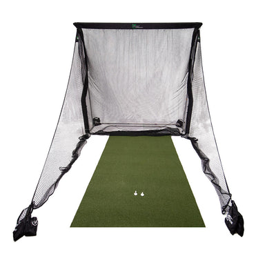 Golf practice net with green mat and golf balls on a white background