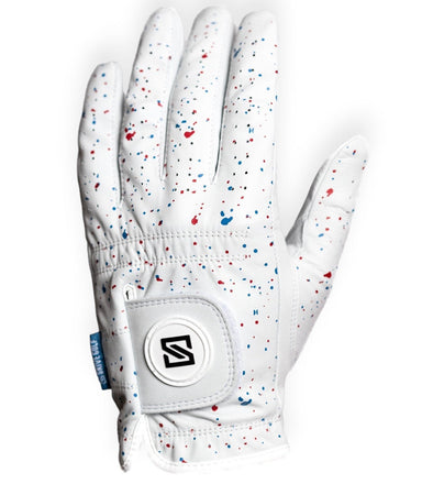 White golf glove with colorful speckles on a white background