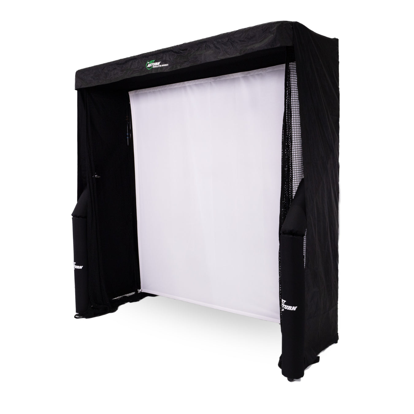 Black golf enclosure with white interior on a white background