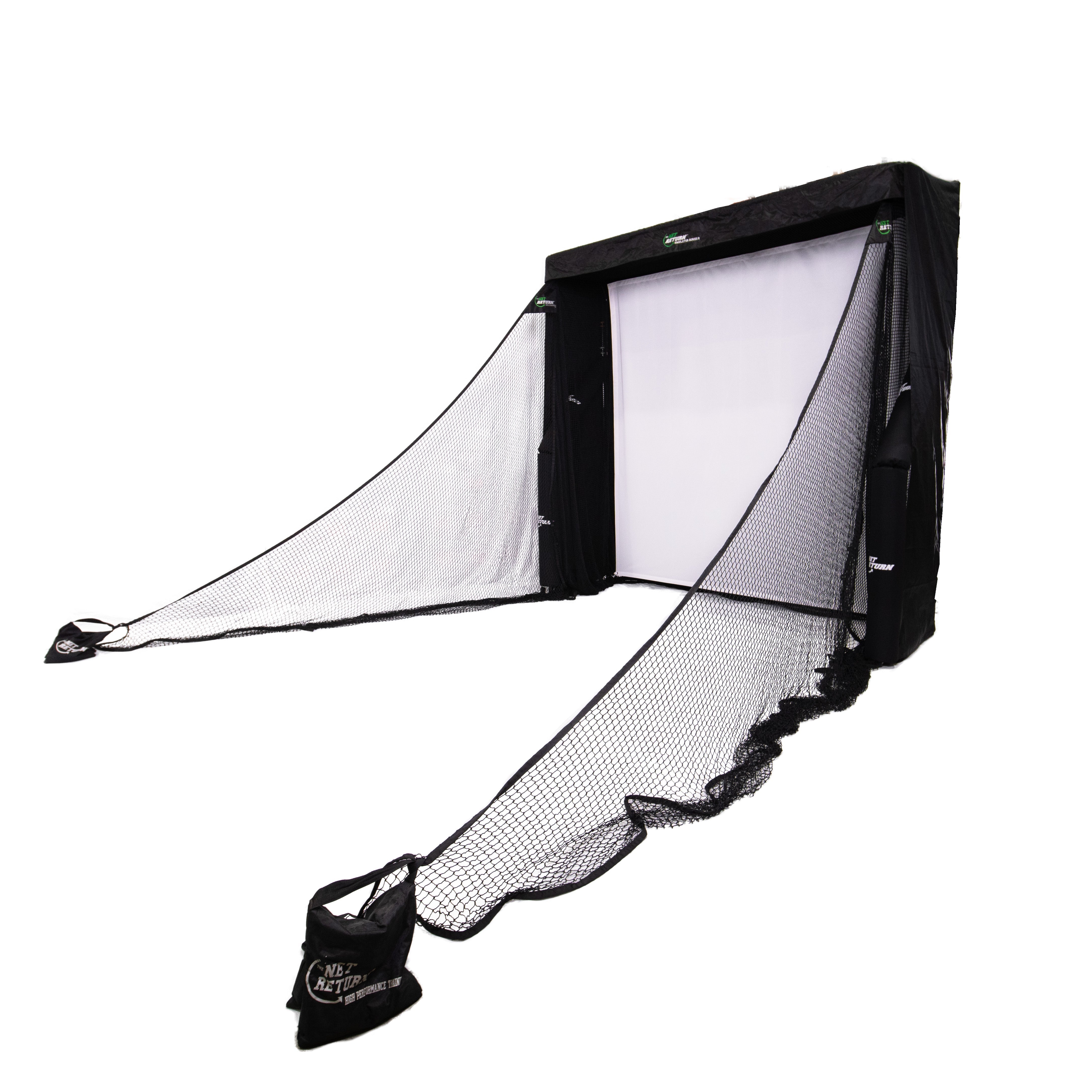 Black and white sports netting with a carrying bag on a white background