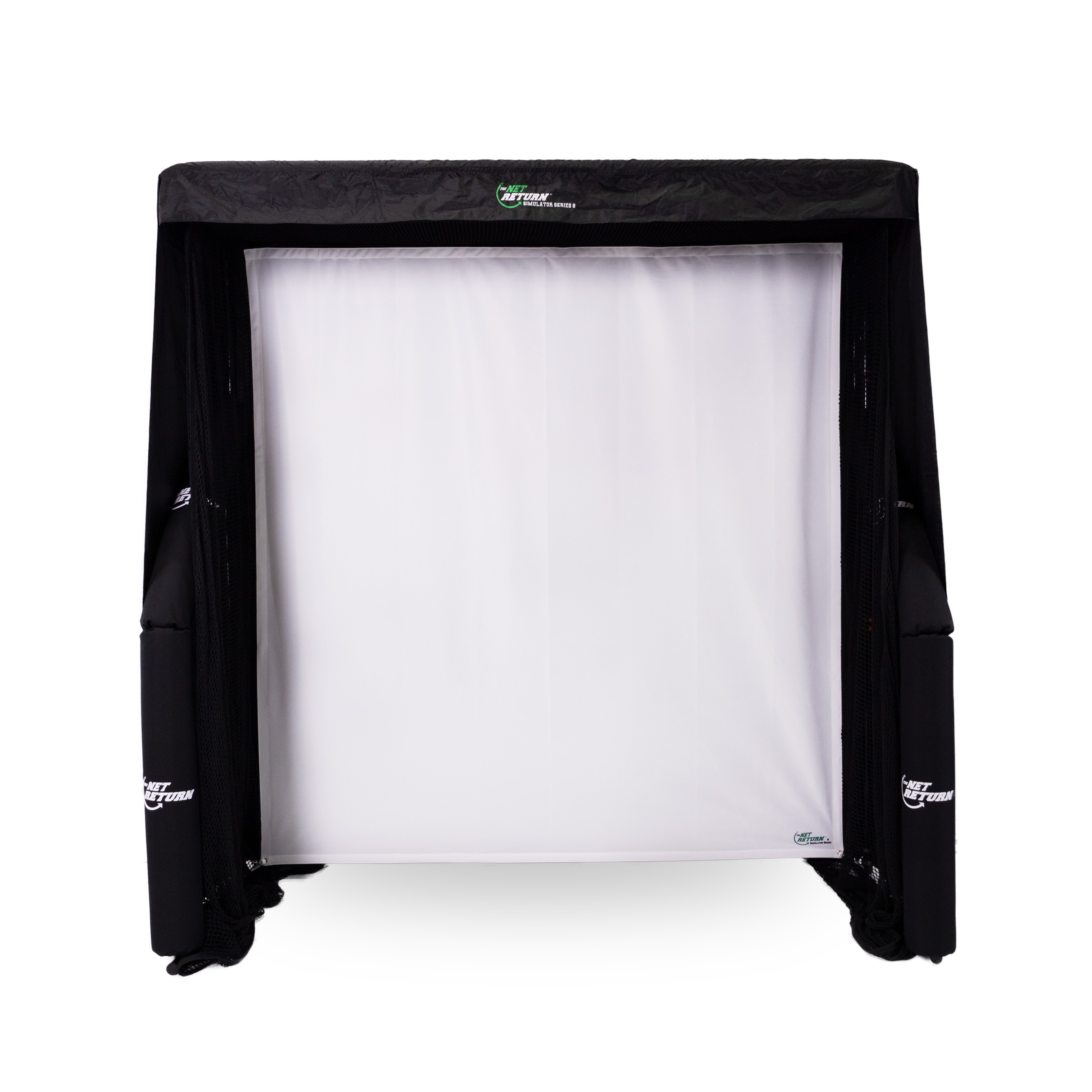 Black golf enclosure screen with white interior on a white background