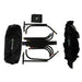 Black metal bike frame repair stand kit with a black carrying bag, folded tubes, and a black mesh pouch, all laid out on a white background. The bags feature a green and white 'MET RETURN' logo.