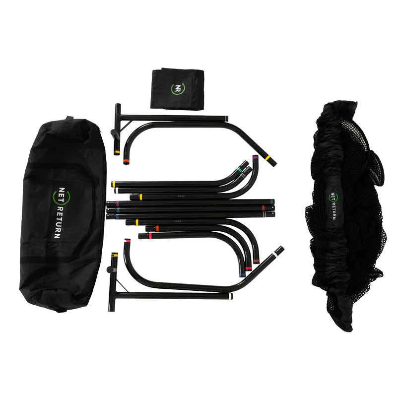 Black metal bike frame repair stand kit with a black carrying bag, folded tubes, and a black mesh pouch, all laid out on a white background. The bags feature a green and white 'MET RETURN' logo.