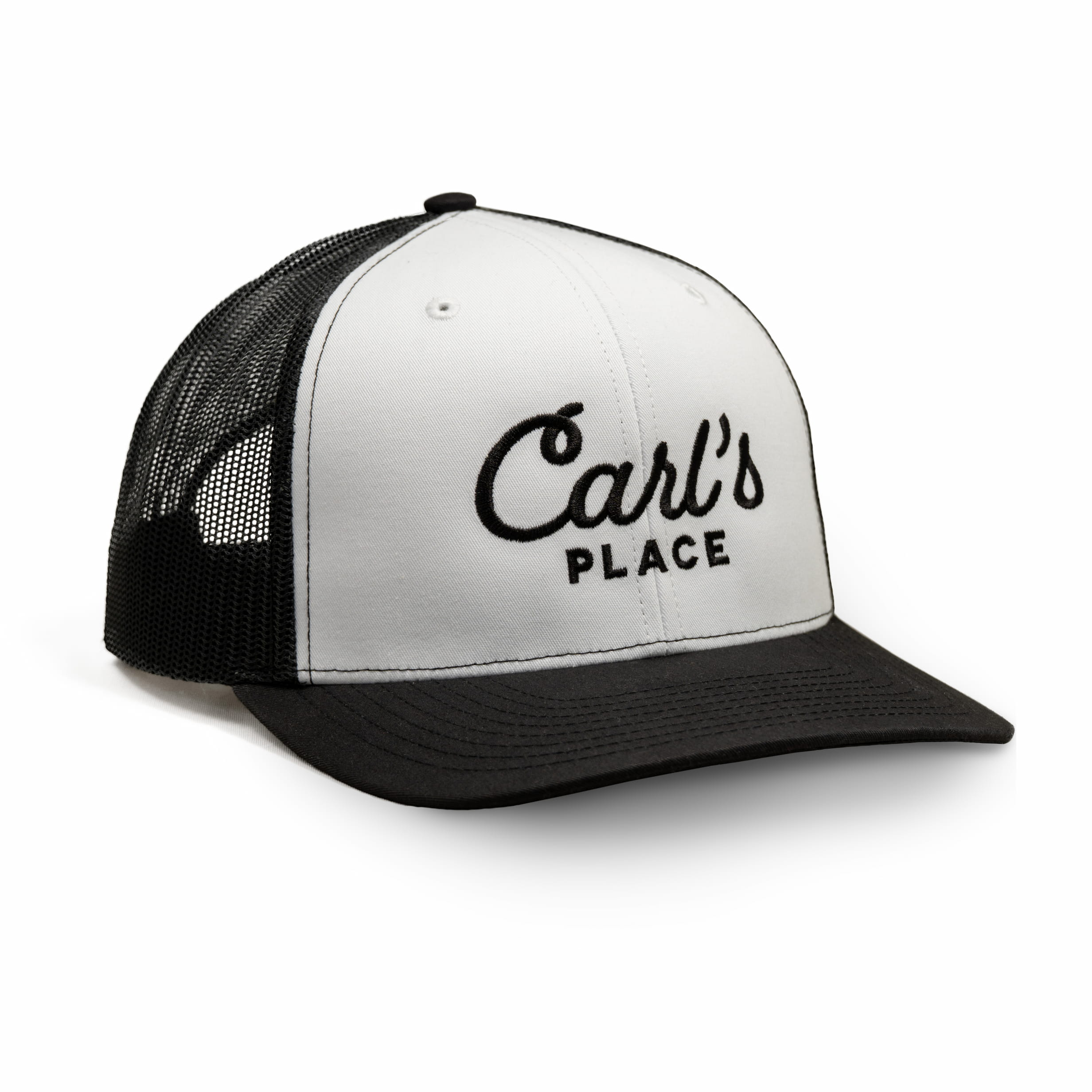 Carl's Place Richardson trucker hat in white and black