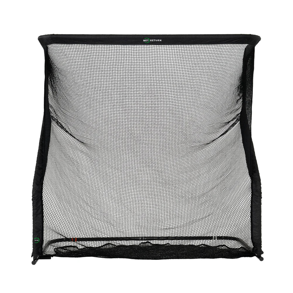 A black mesh practice net with a black frame, shown against a plain white background. The brand name 'Net Return' is printed in small white letters on the top edge.