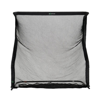 A black mesh practice net with a black frame, shown against a plain white background. The brand name 'Net Return' is printed in small white letters on the top edge.
