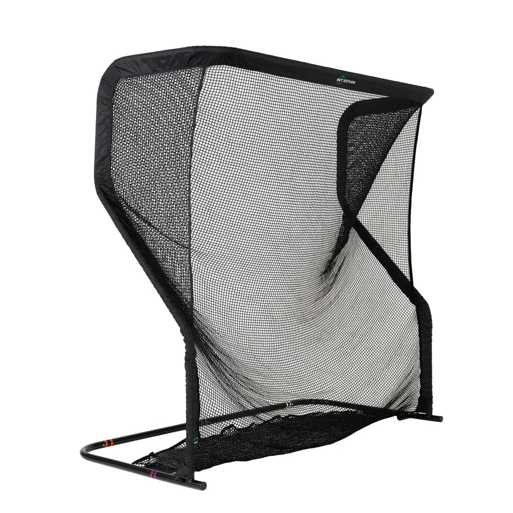 A black golf driving range net with a high curved wall, mesh back, and metal frame stand, shown on a plain white background.