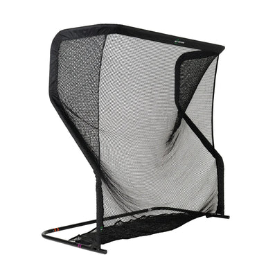 A black golf driving range net with a high curved wall, mesh back, and metal frame stand, shown on a plain white background.