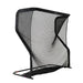 A black golf driving range net with a high curved wall, mesh back, and metal frame stand, shown on a plain white background.