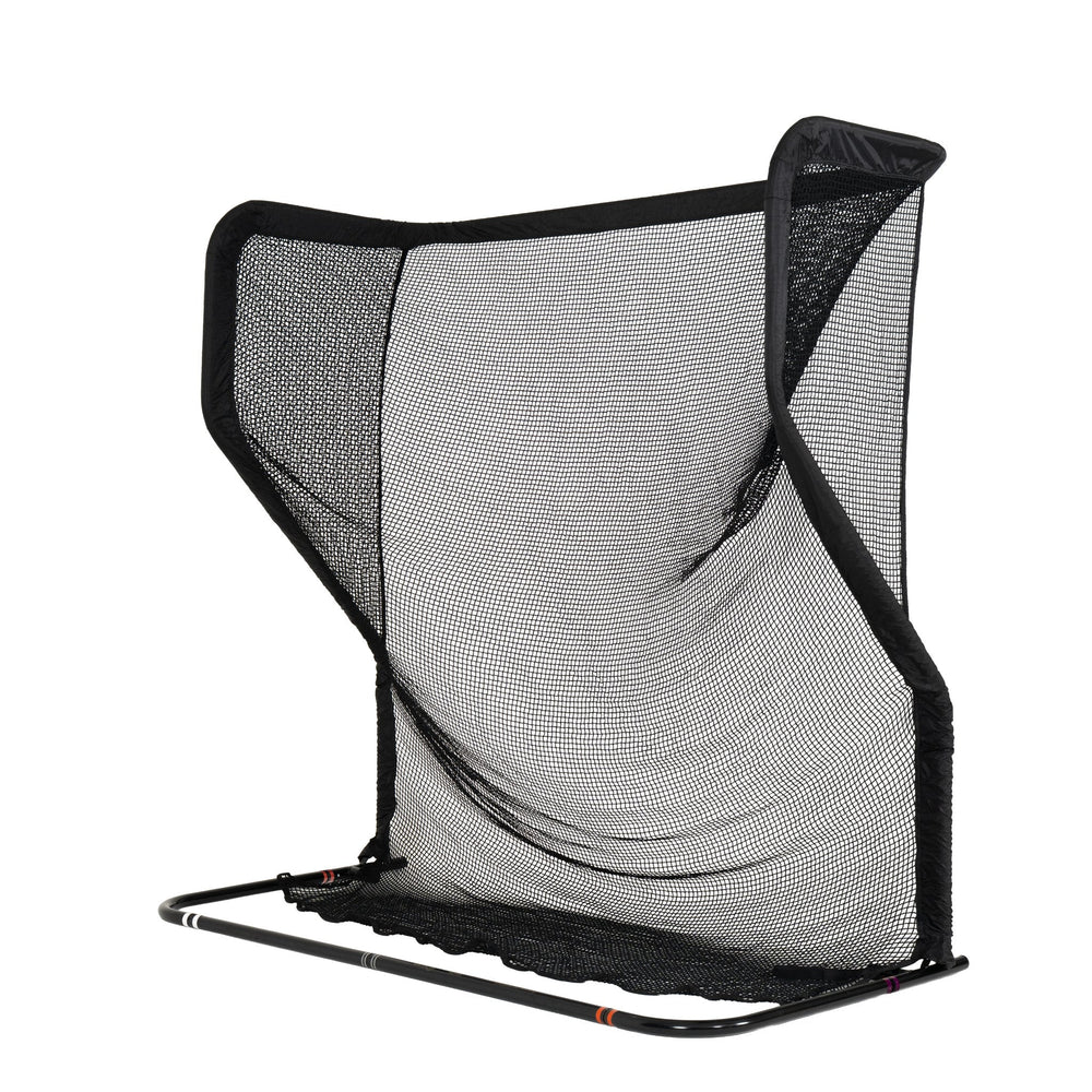 A black golf practice hitting net with a black metal base frame and a black mesh wall, shown on a plain white background.