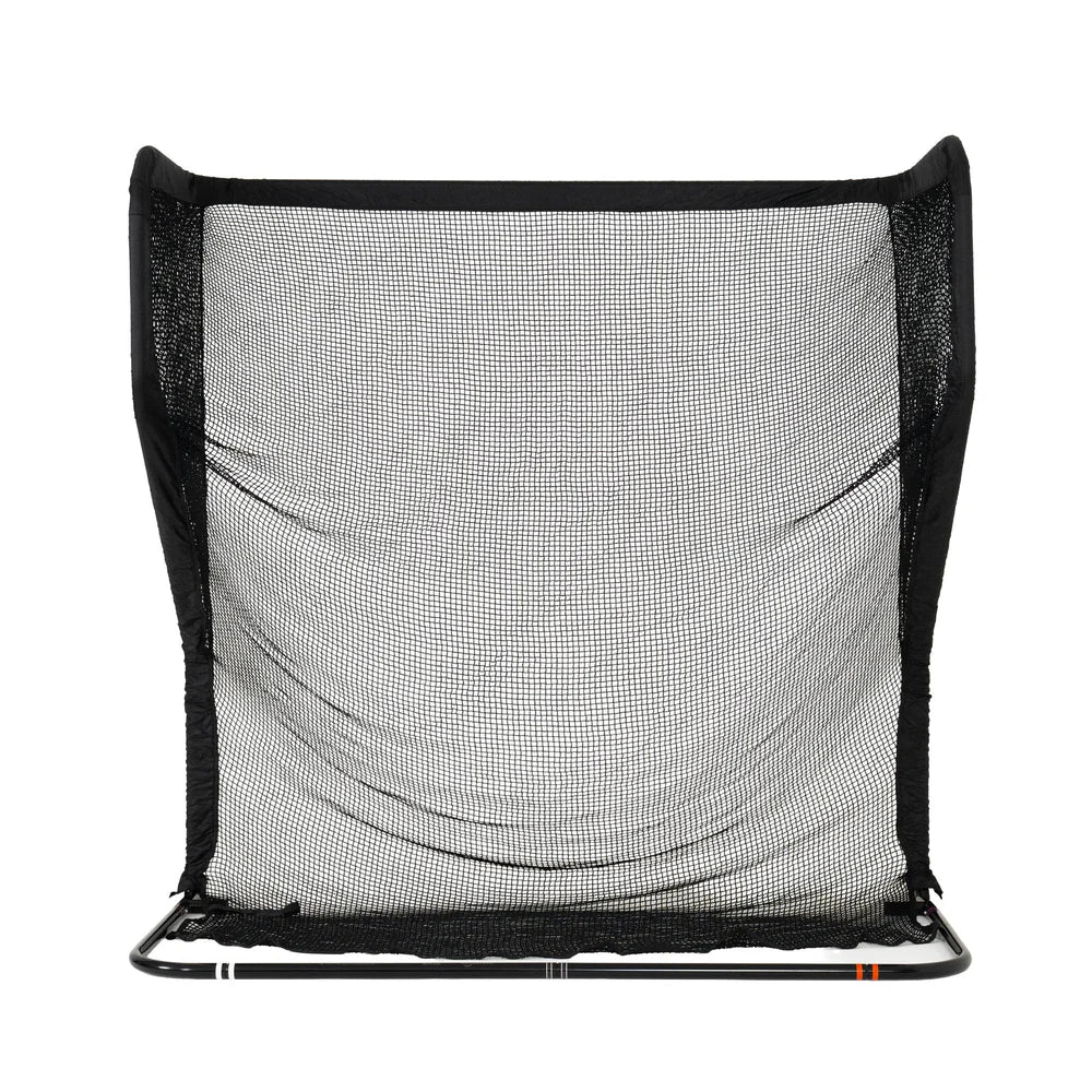 Black mesh golf practice net on a white background