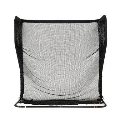 Black mesh golf practice net on a white background
