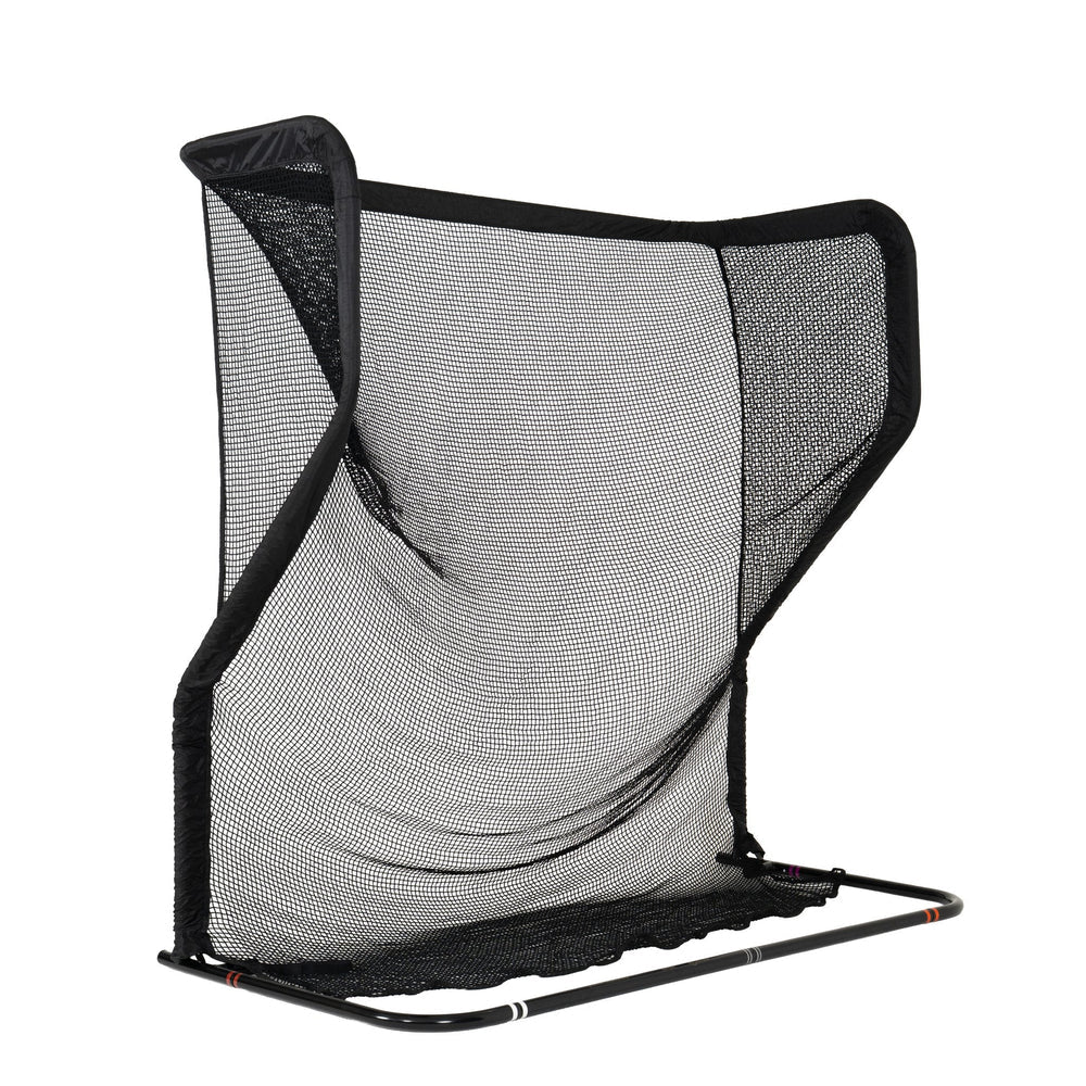 Black and gray mesh fishing net with a handle on a white background