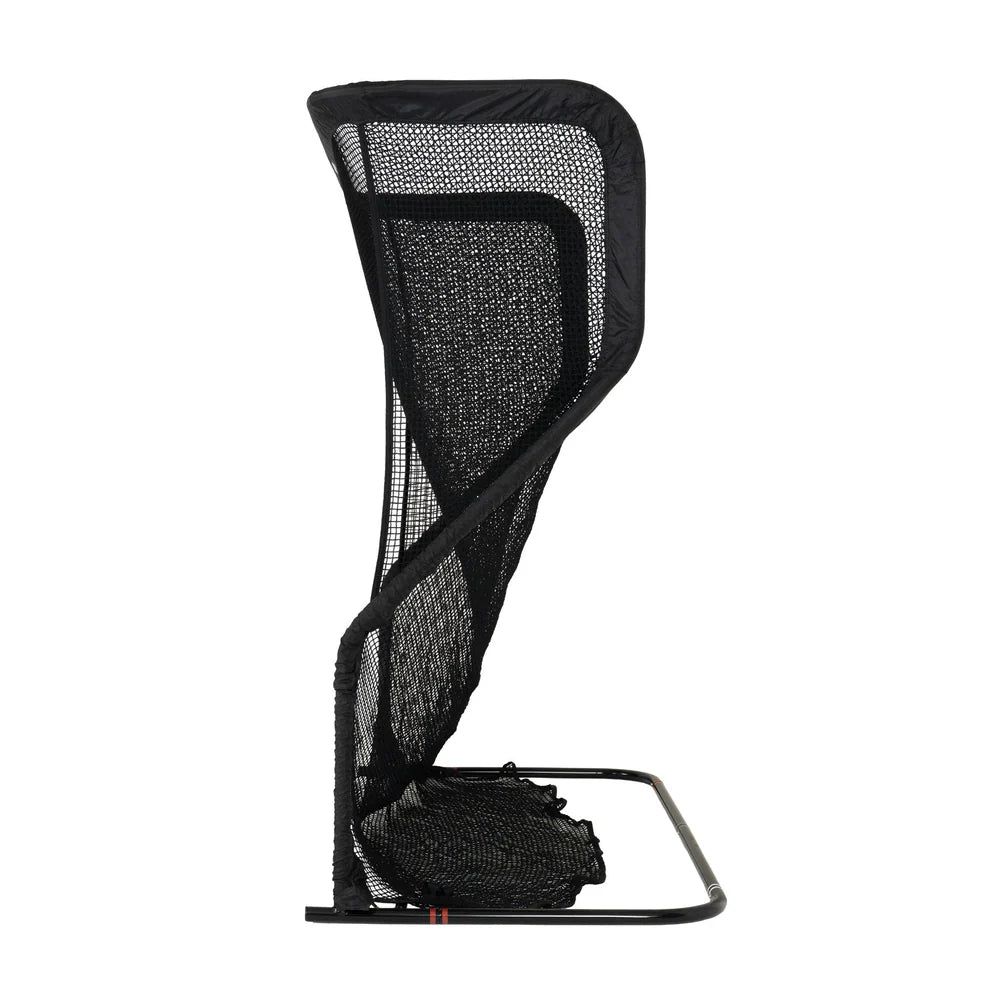 A black mesh golf practice net with a metal stand, shown from the side against a plain white background.