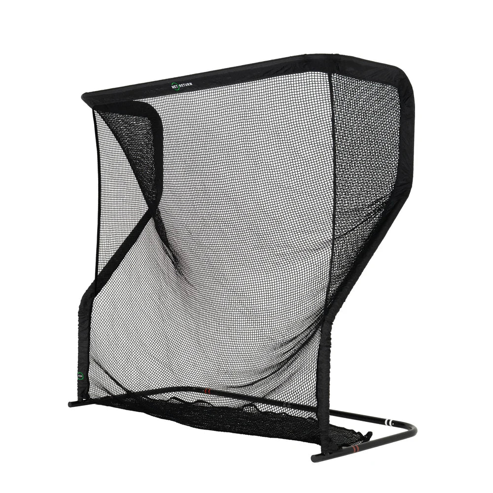 Black mesh golf practice net on a white background
