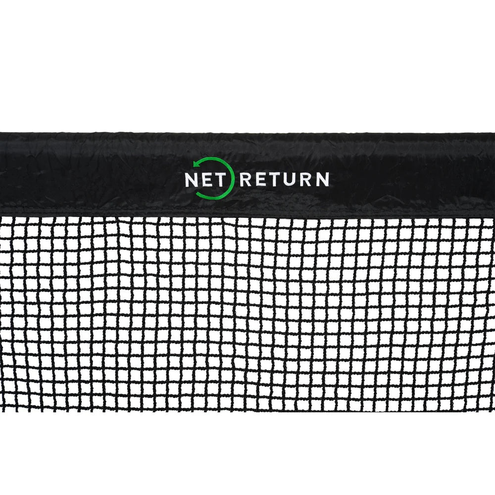 Close-up of a black tennis net with white grid mesh and a black top band featuring the green and white NET RETURN logo.