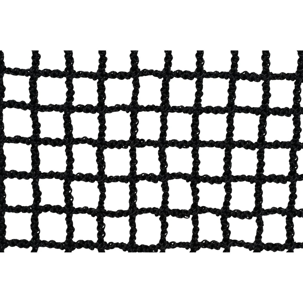 Black plastic mesh netting with a grid pattern on a white background.