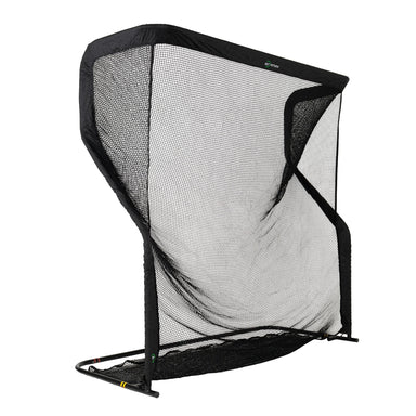 Black mesh golf practice net on a white background