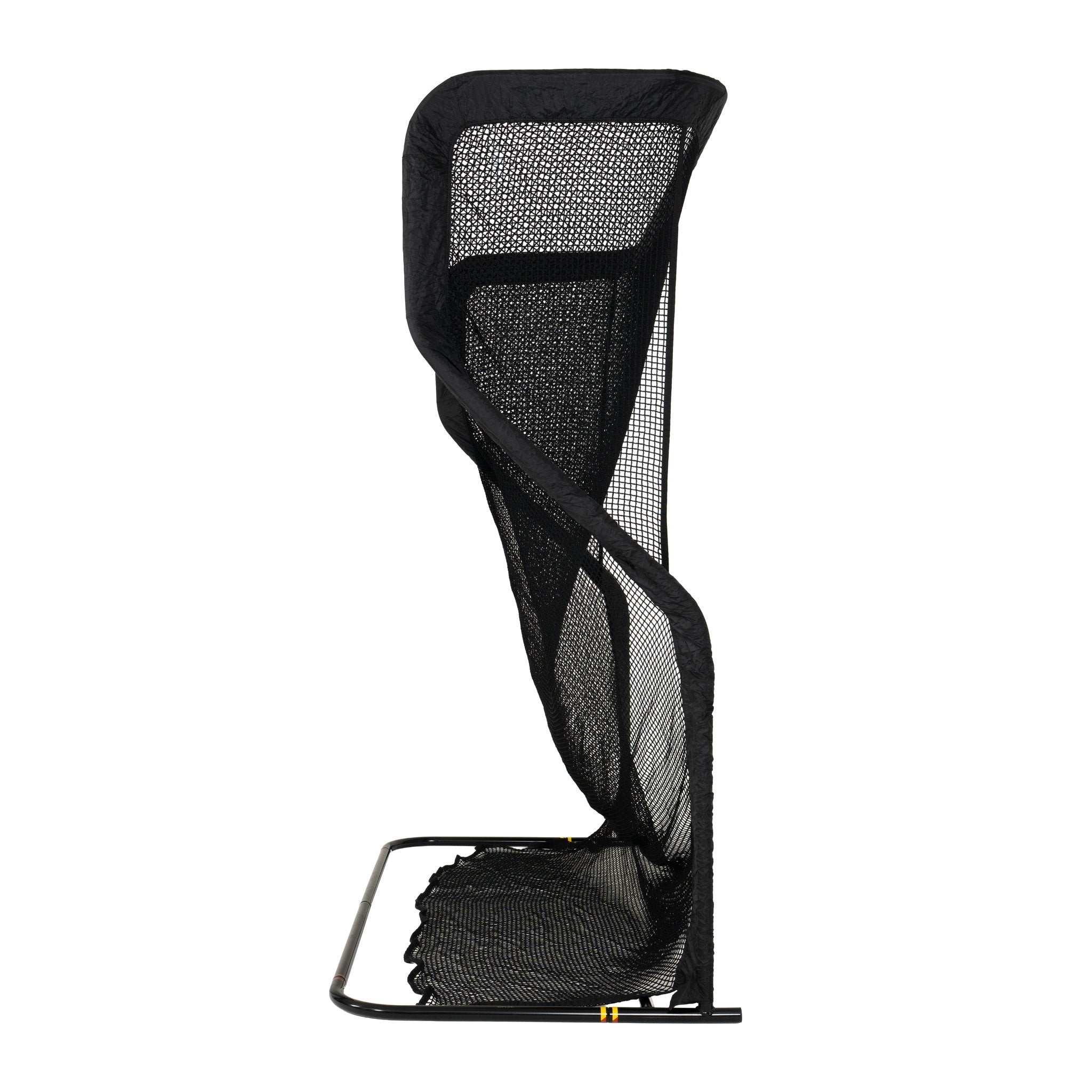 A black mesh hanging shelf or organizer with a curved, spiral-like frame and a flat base, shown against a plain white background.