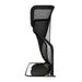 A black mesh hanging shelf or organizer with a curved, spiral-like frame and a flat base, shown against a plain white background.