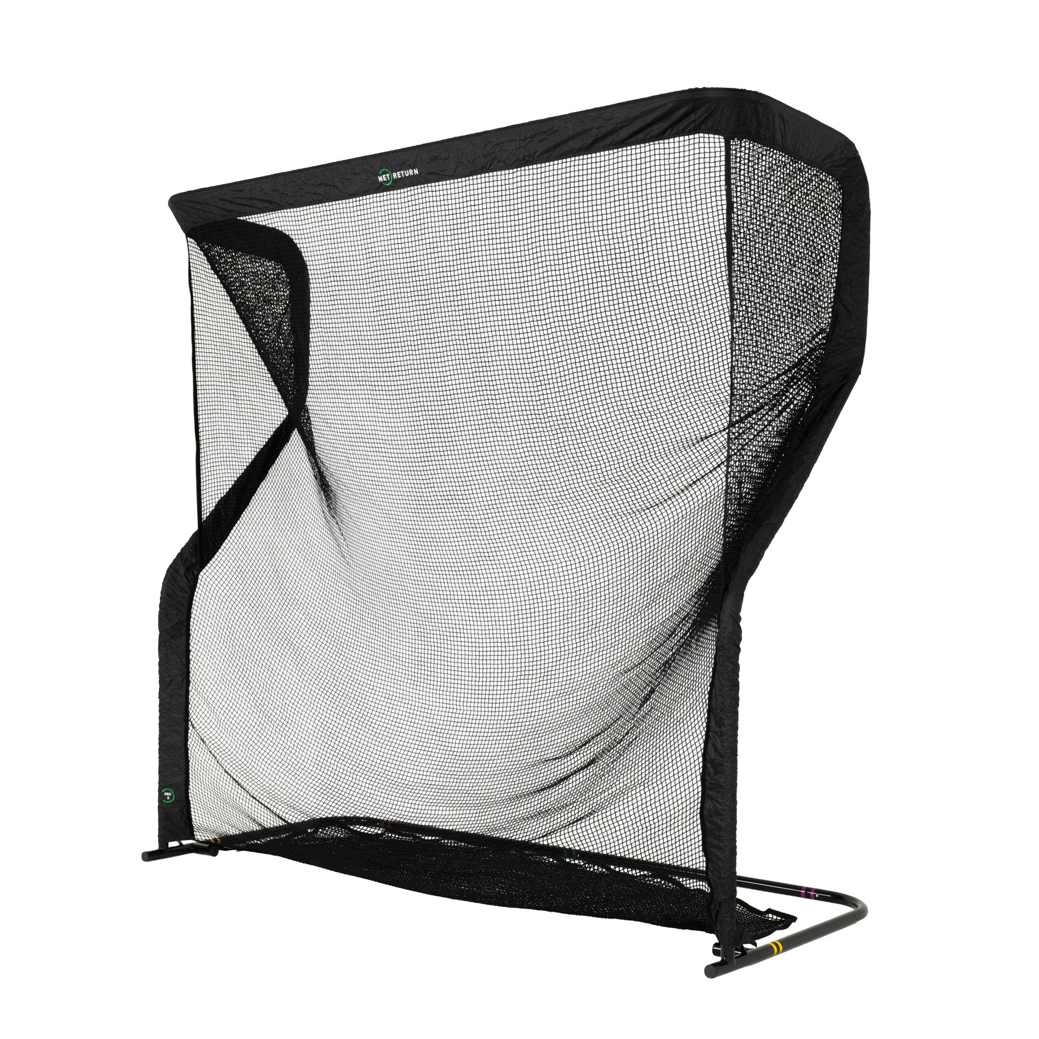 Black golf practice net on a white background