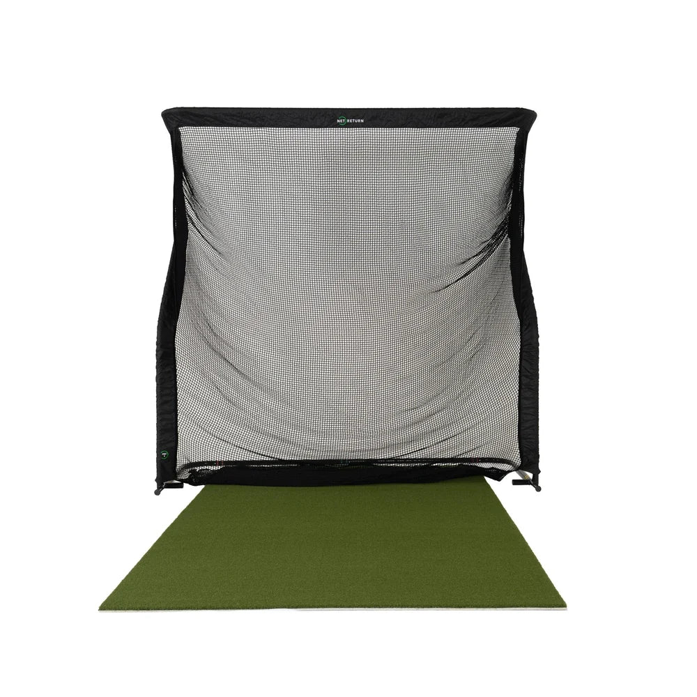 A golf hitting net with a black frame and gray mesh screen, positioned above an olive green turf target mat on a solid white background.