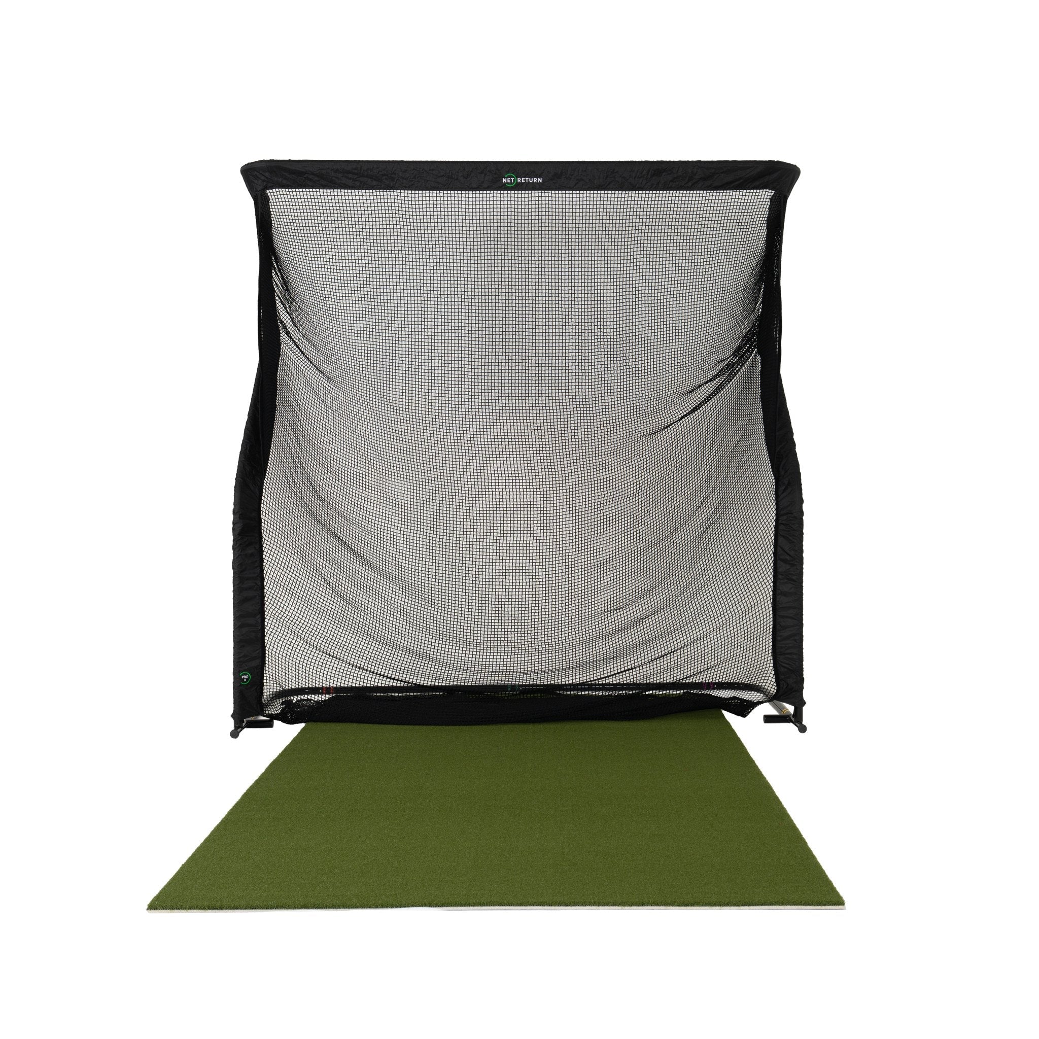 A golf hitting net with a black frame and gray mesh screen, positioned above an olive green turf target mat on a solid white background.