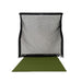 A golf hitting net with a black frame and gray mesh screen, positioned above an olive green turf target mat on a solid white background.