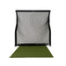 A golf hitting net with a black frame and gray mesh screen, positioned above an olive green turf target mat on a solid white background.