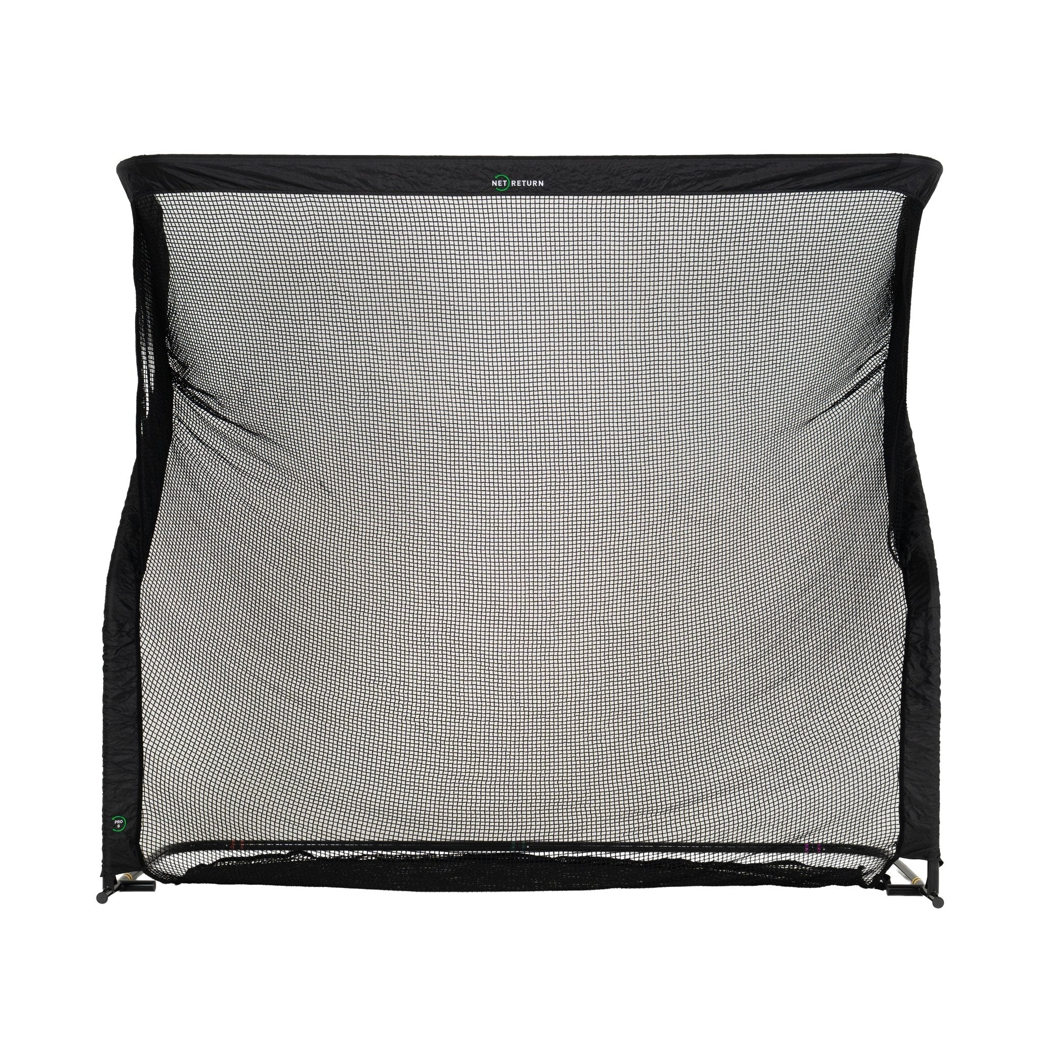 Black mesh golf practice net on a white background