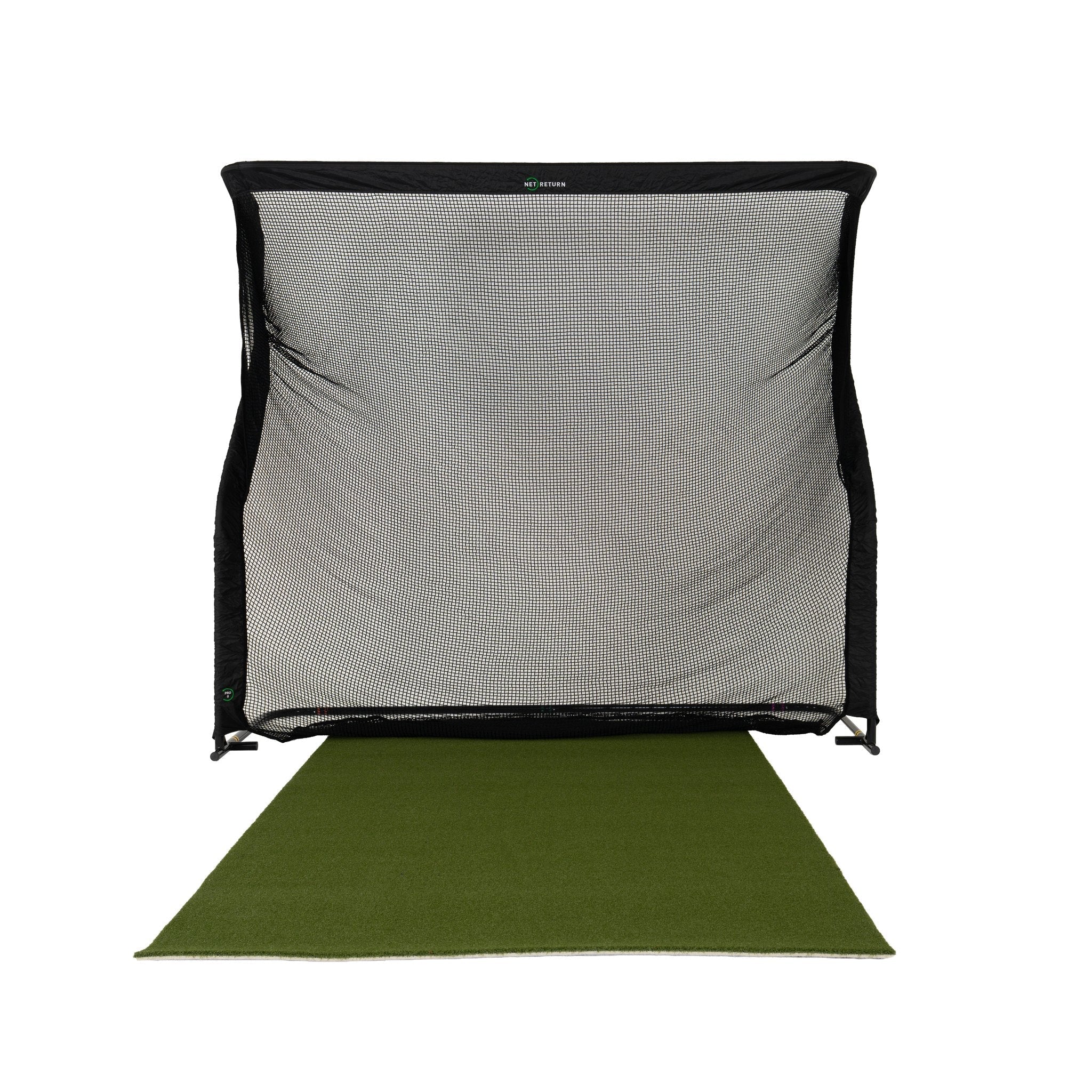Golf practice net with green mat on a white background